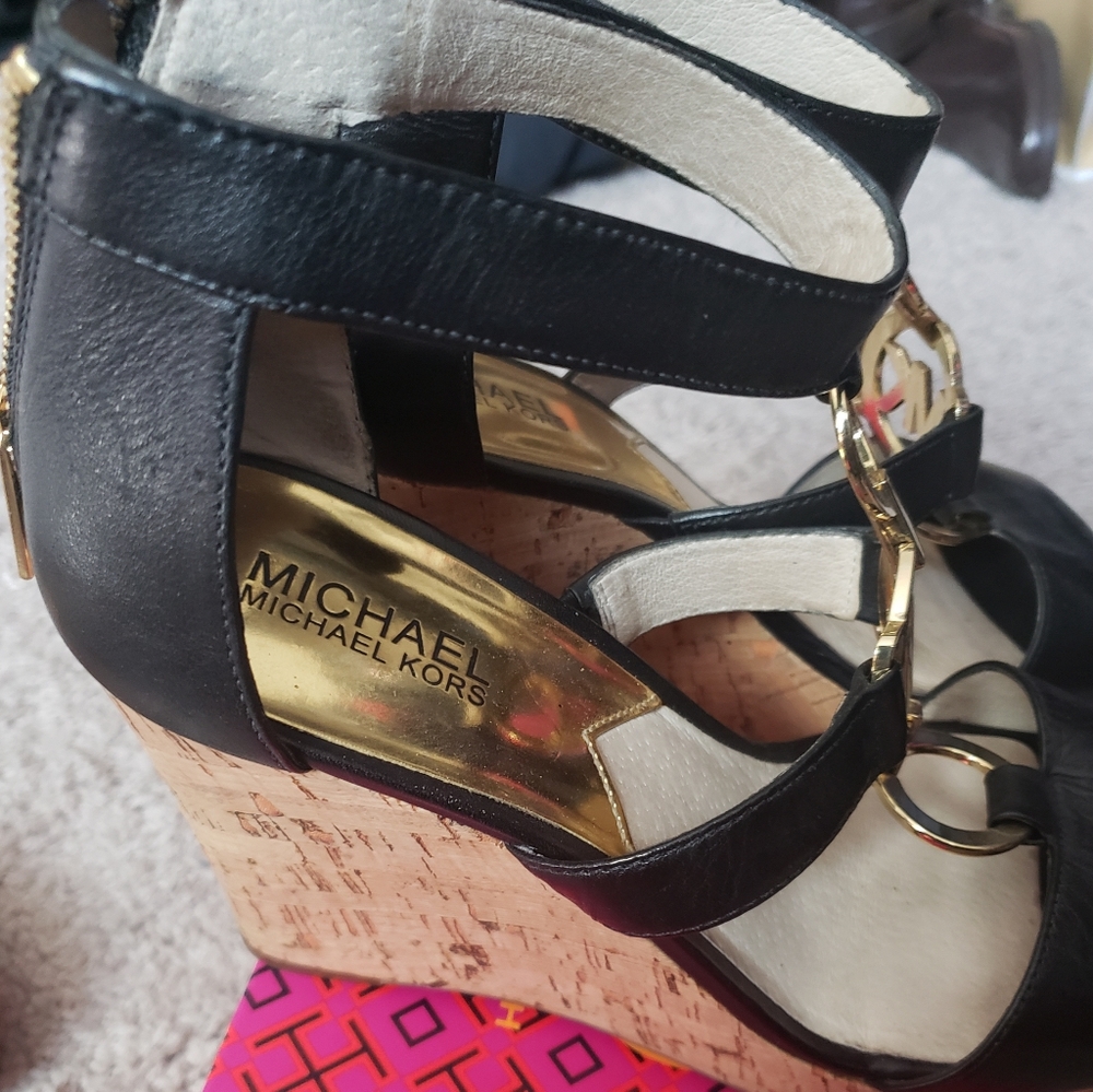 Michael Kors Black Leather Cork Wedge 9